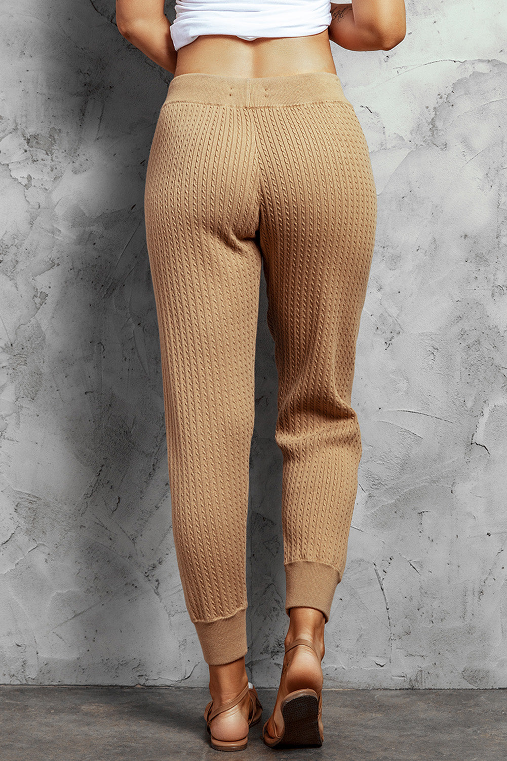 Khaki Ribbed Knit Drawstring High Waist Jogger Pants