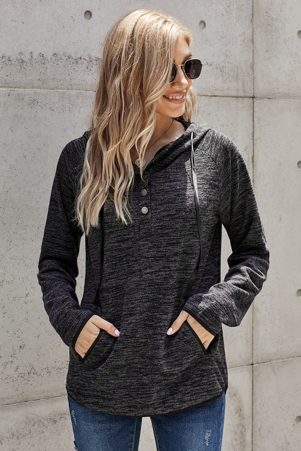 Black Buttoned Neck Hooded Sweatshirt