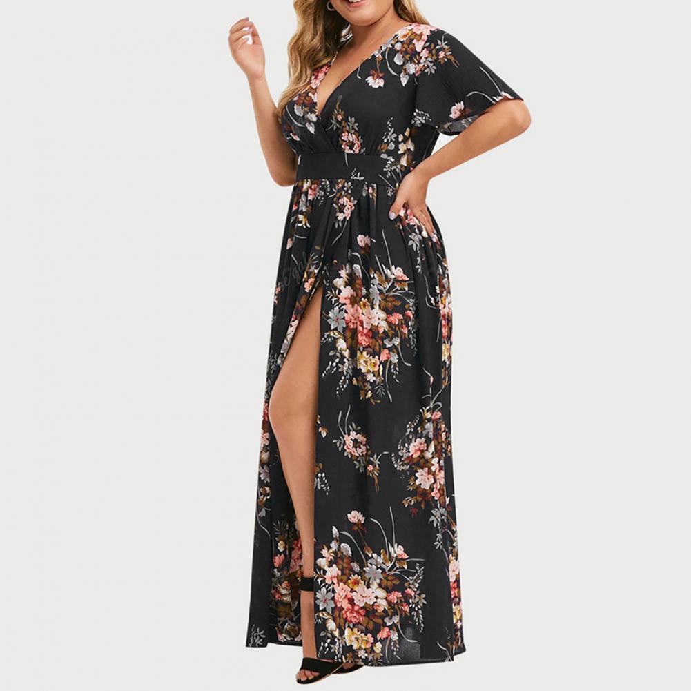 Short Sleeve Maxi Dress Flower Print Long Dress Beachwear