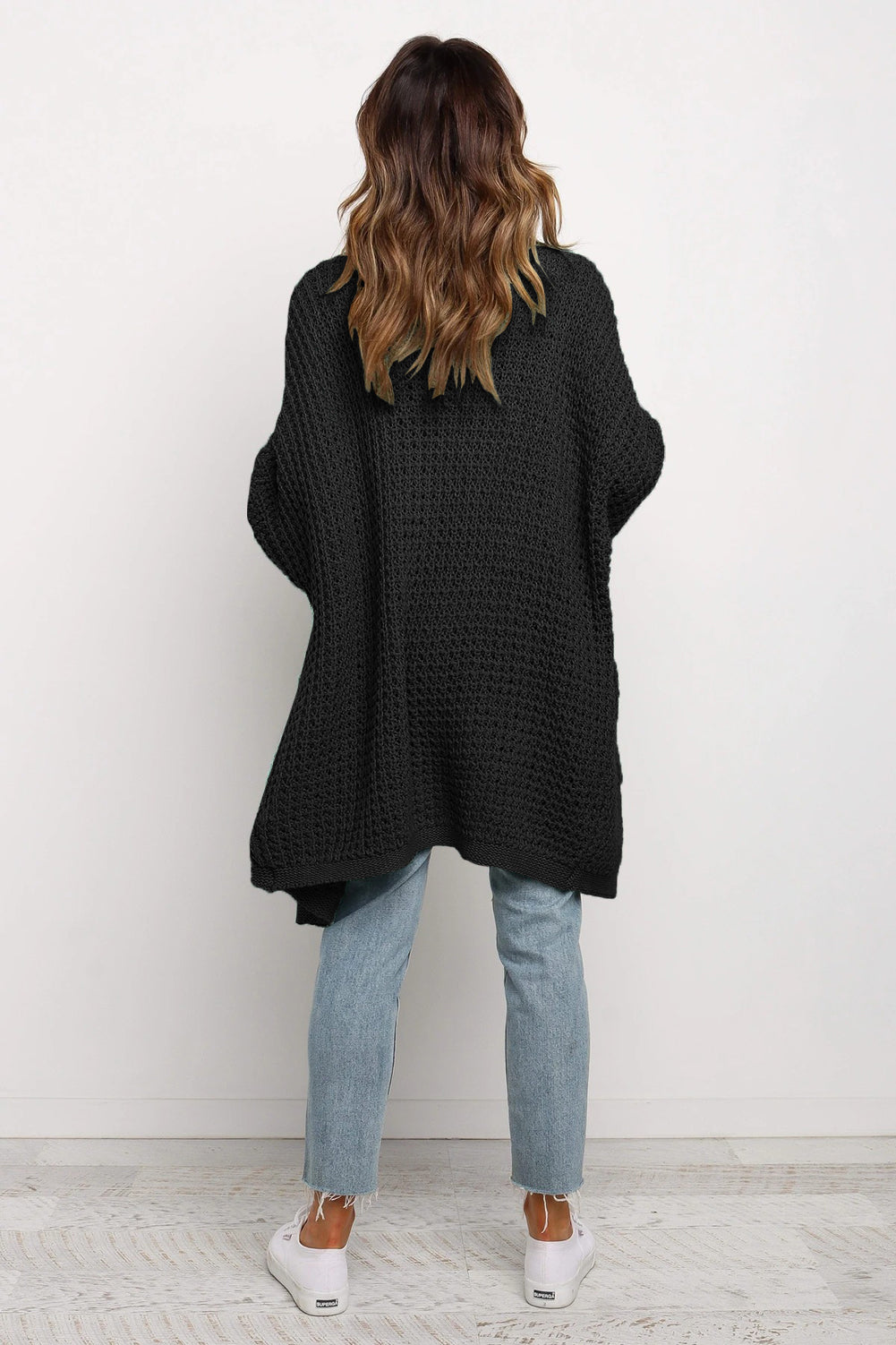 Black Long Line Open Front Knitted Cardigan with Pockets