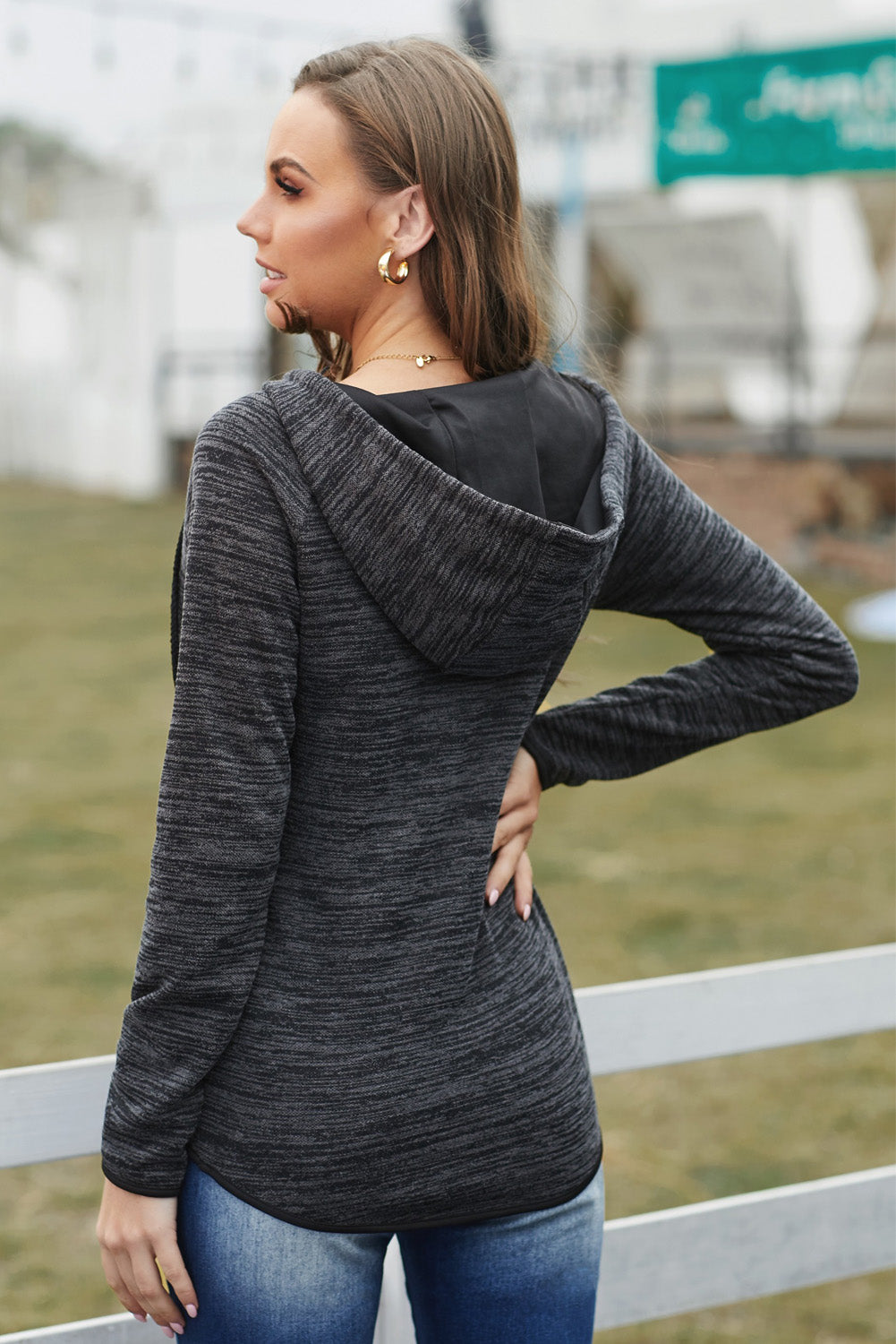 Black Buttoned Neck Hooded Sweatshirt