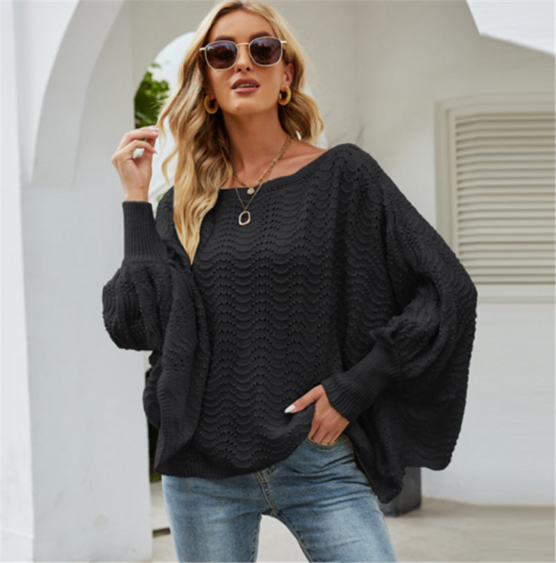 Hollow Out Batwing Sleeve White Women Knitted Sweater