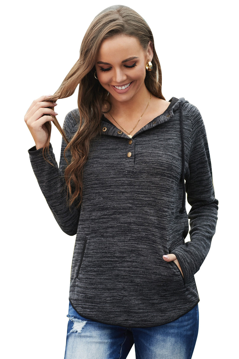 Black Buttoned Neck Hooded Sweatshirt