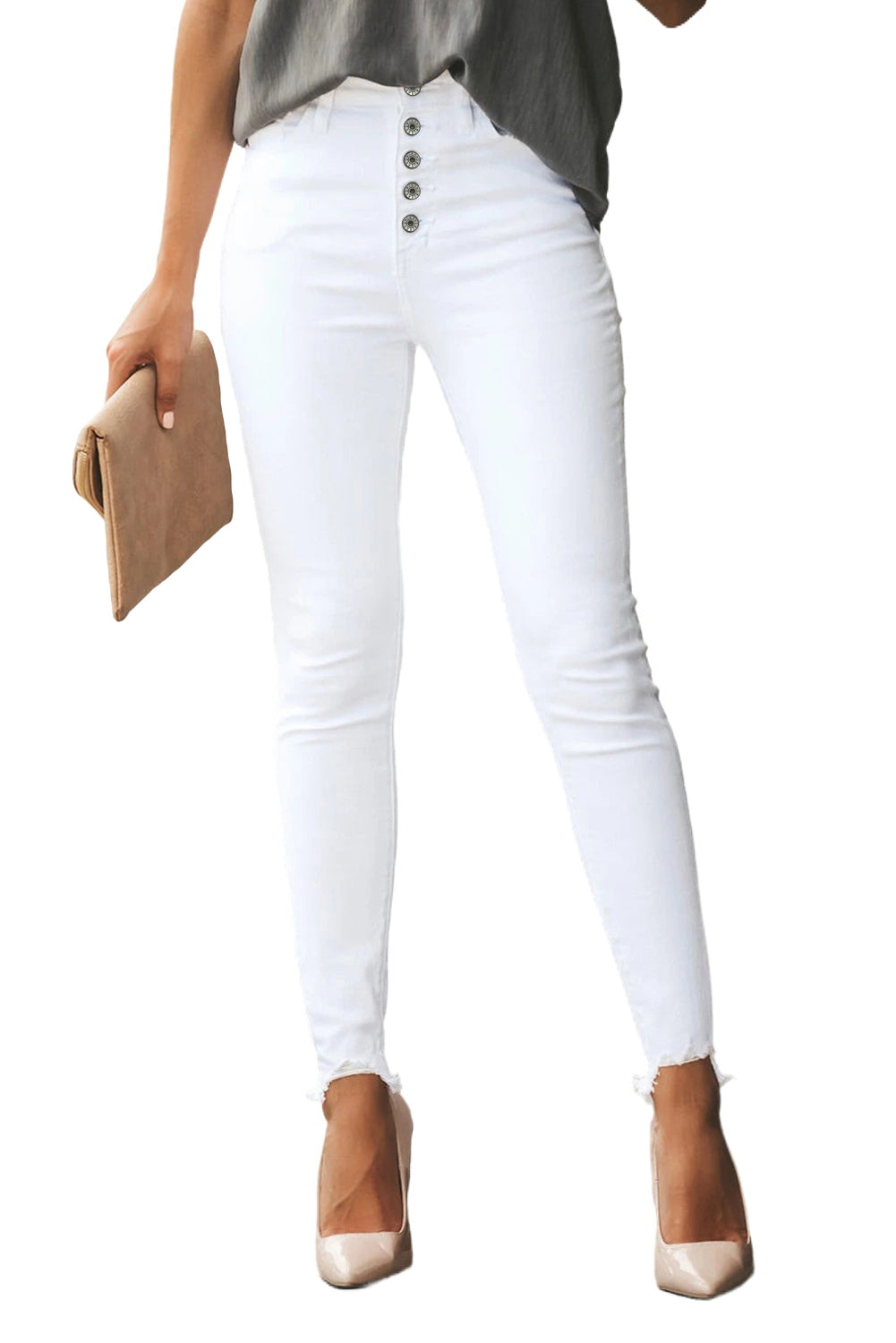 White Plain High Waist Buttons Frayed Cropped Denim Jeans