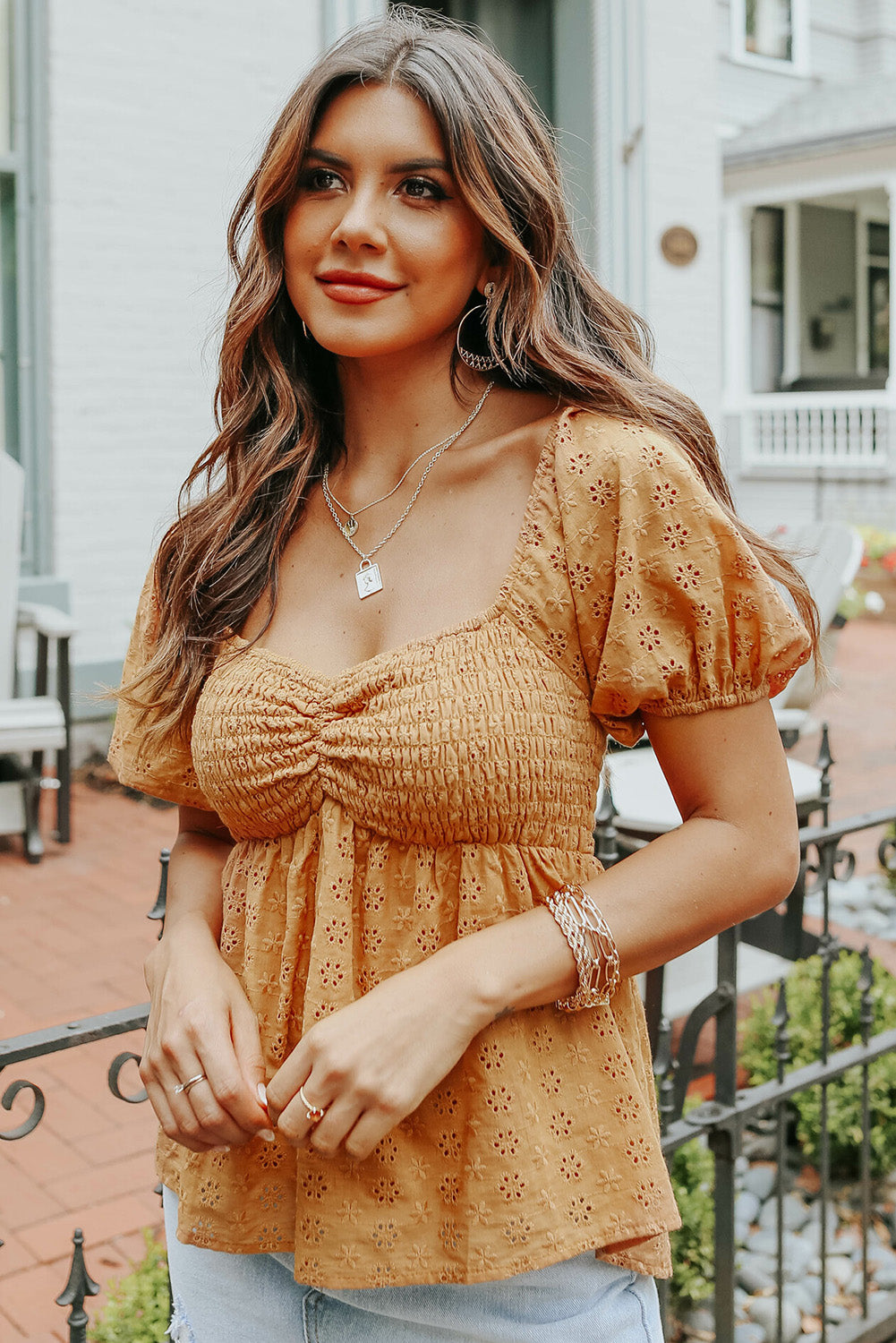 Orange Eyelet Smocked Babydoll Puff Sleeve Top