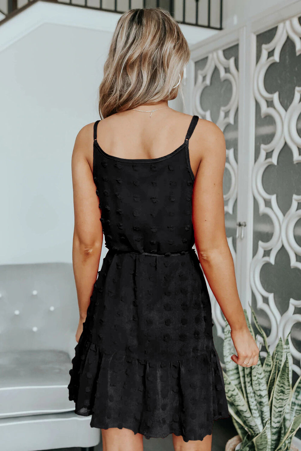 Black Swiss Dot Spaghetti Drawstring Mini Dress