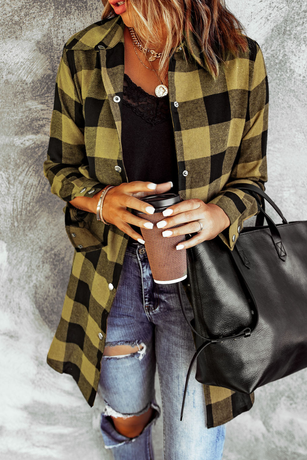 Yellow Turn-down Collar Plaid Shirt Coat