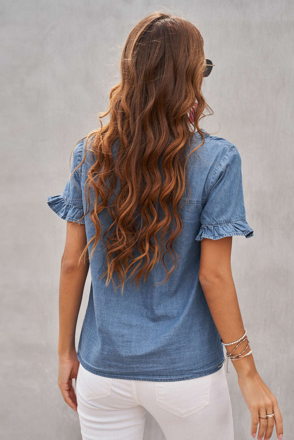 Family Matching Outfit V Neck Ruffled Sleeves Denim Top