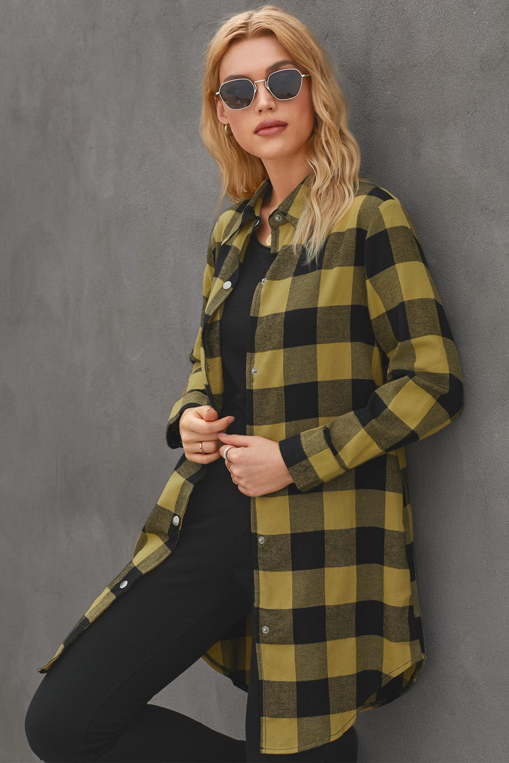 Yellow Turn-down Collar Plaid Shirt Coat