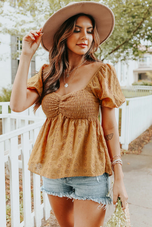 Orange Eyelet Smocked Babydoll Puff Sleeve Top