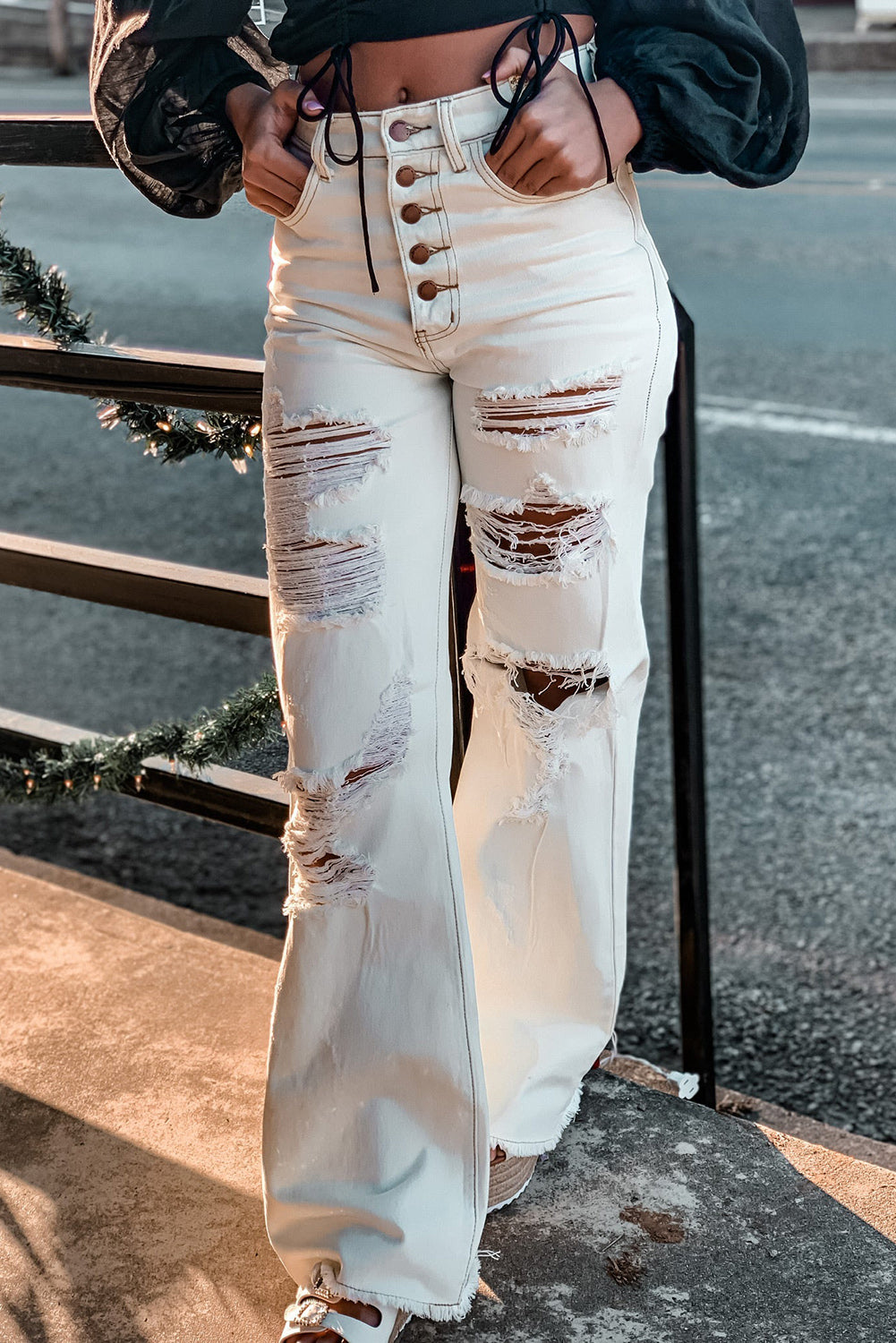 White Light Washed Distressed Slits Button Fly Flare Jeans 