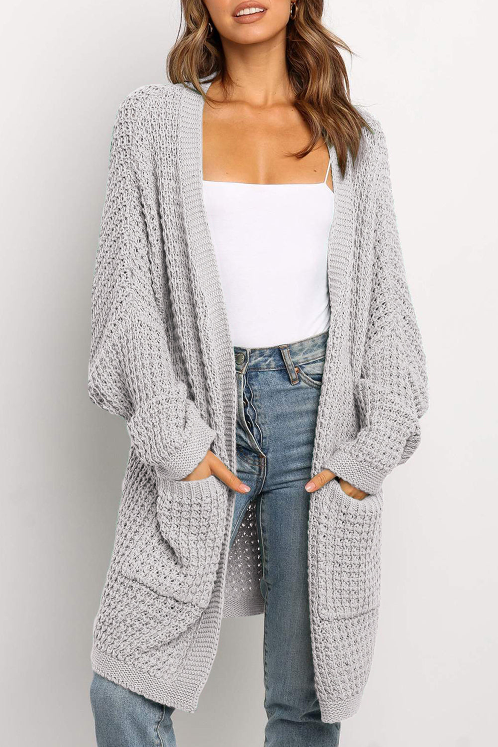 Black Long Line Open Front Knitted Cardigan with Pockets