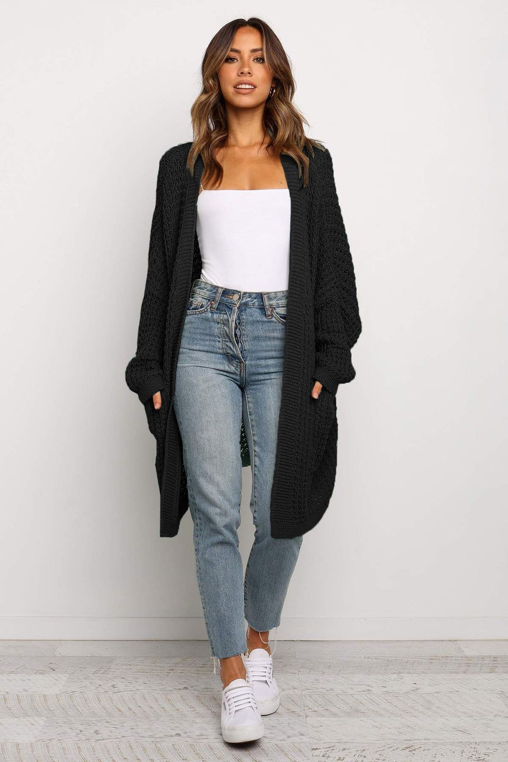 Black Long Line Open Front Knitted Cardigan with Pockets