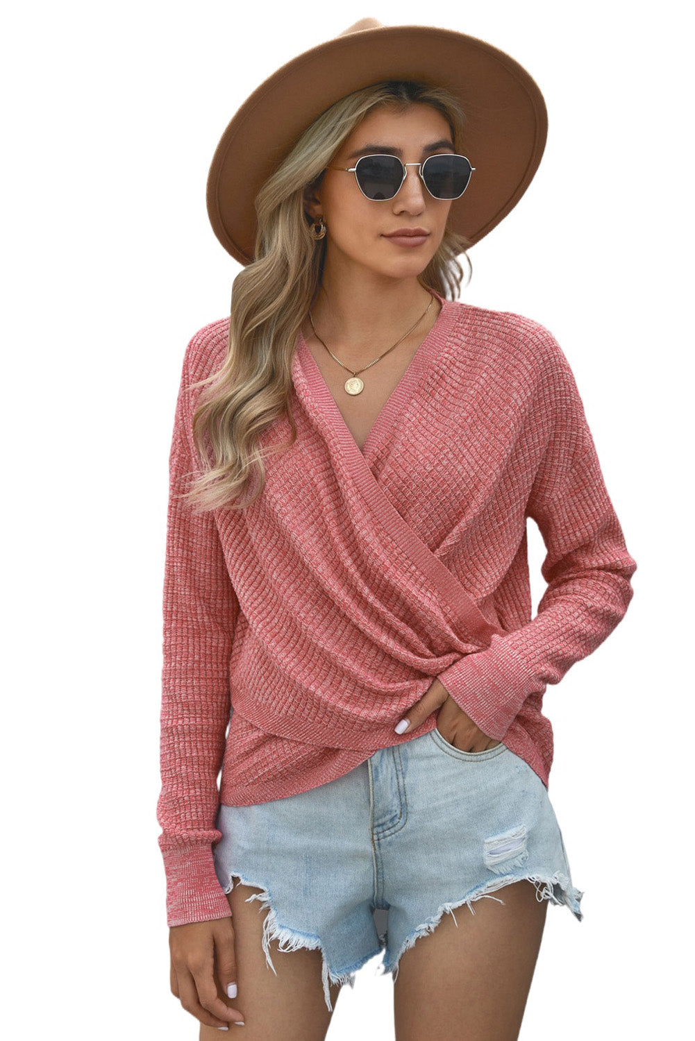 Pink Deep V-neck Long Sleeve Knit Sweater