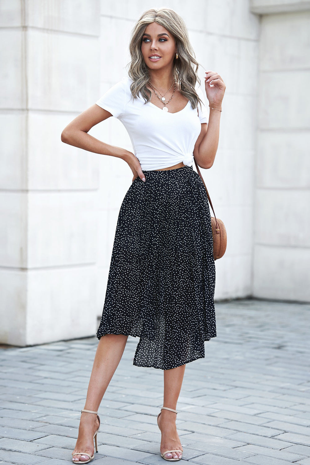 Black Fashion Print Side Slit Pleated Maxi Skirt