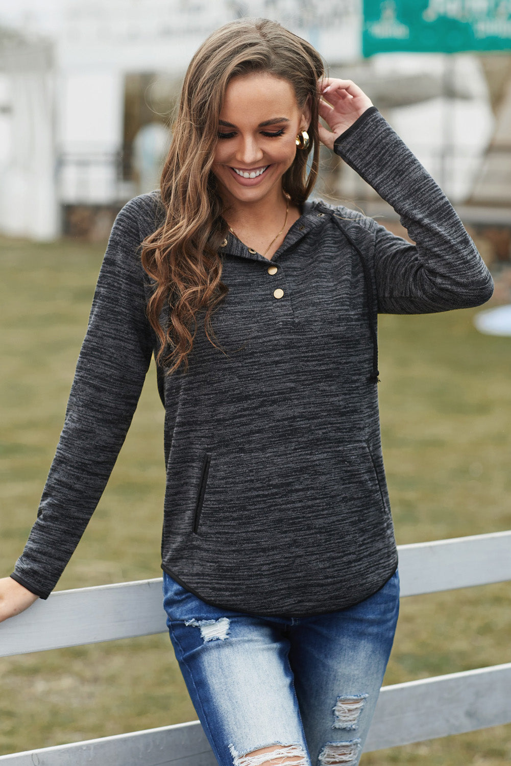 Black Buttoned Neck Hooded Sweatshirt