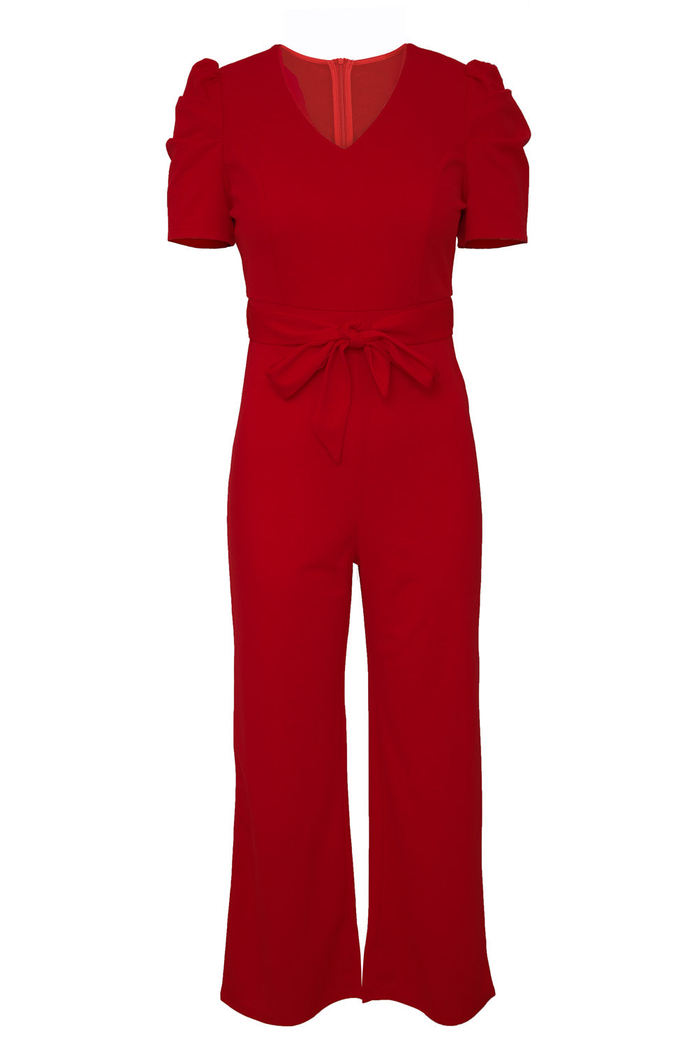 Red Straight Leg Knotted High Waist Short Sleeve Jumpsuit