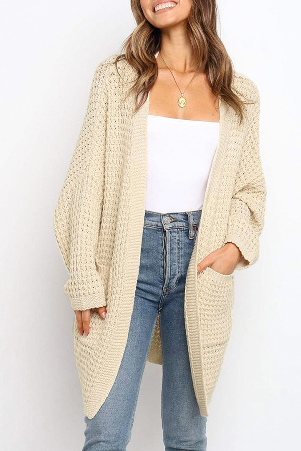 Black Long Line Open Front Knitted Cardigan with Pockets