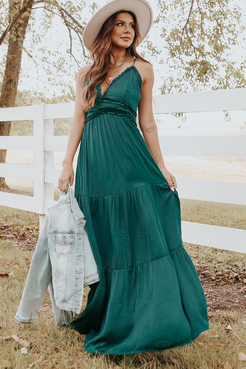 Green Cross Back Frilled Sleeveless Tiered Maxi Dress