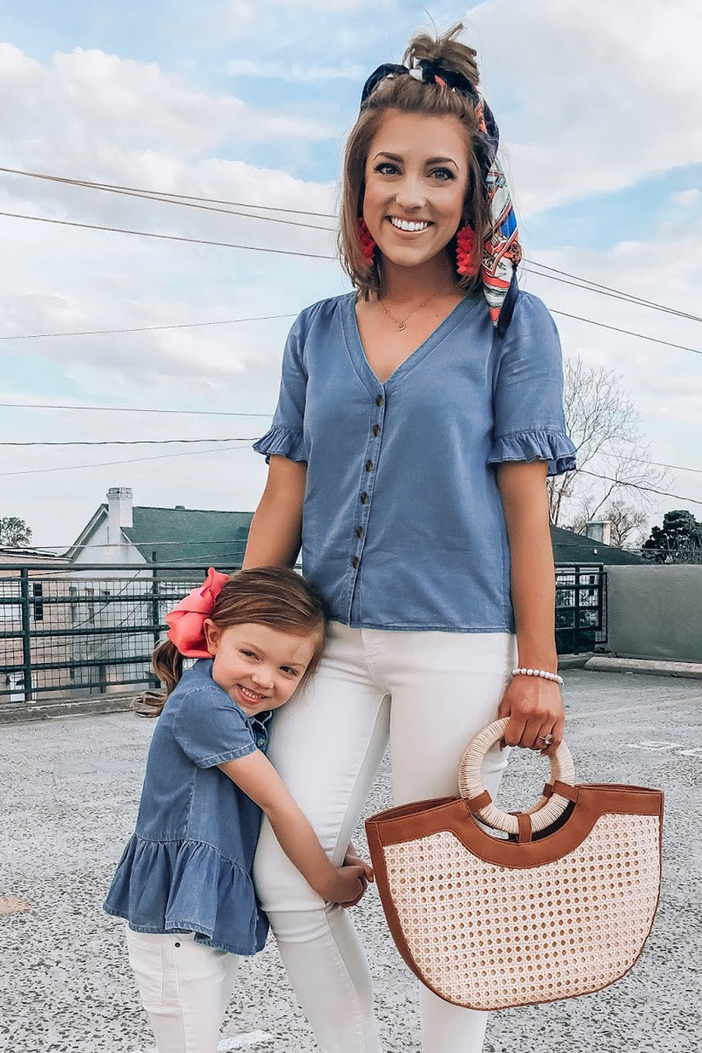 Family Matching Outfit V Neck Ruffled Sleeves Denim Top