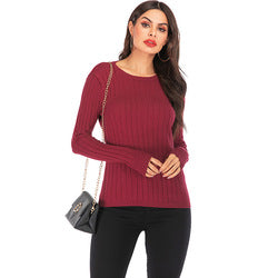 Knitted Pullover Bottoming Shirt Pure Color Tight Stretch Sweater Long-sleeved Women Blouse