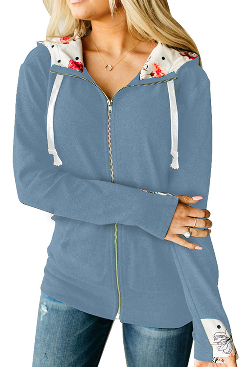 Full Zip Hoodie Coat with Floral Print Hooded Inner