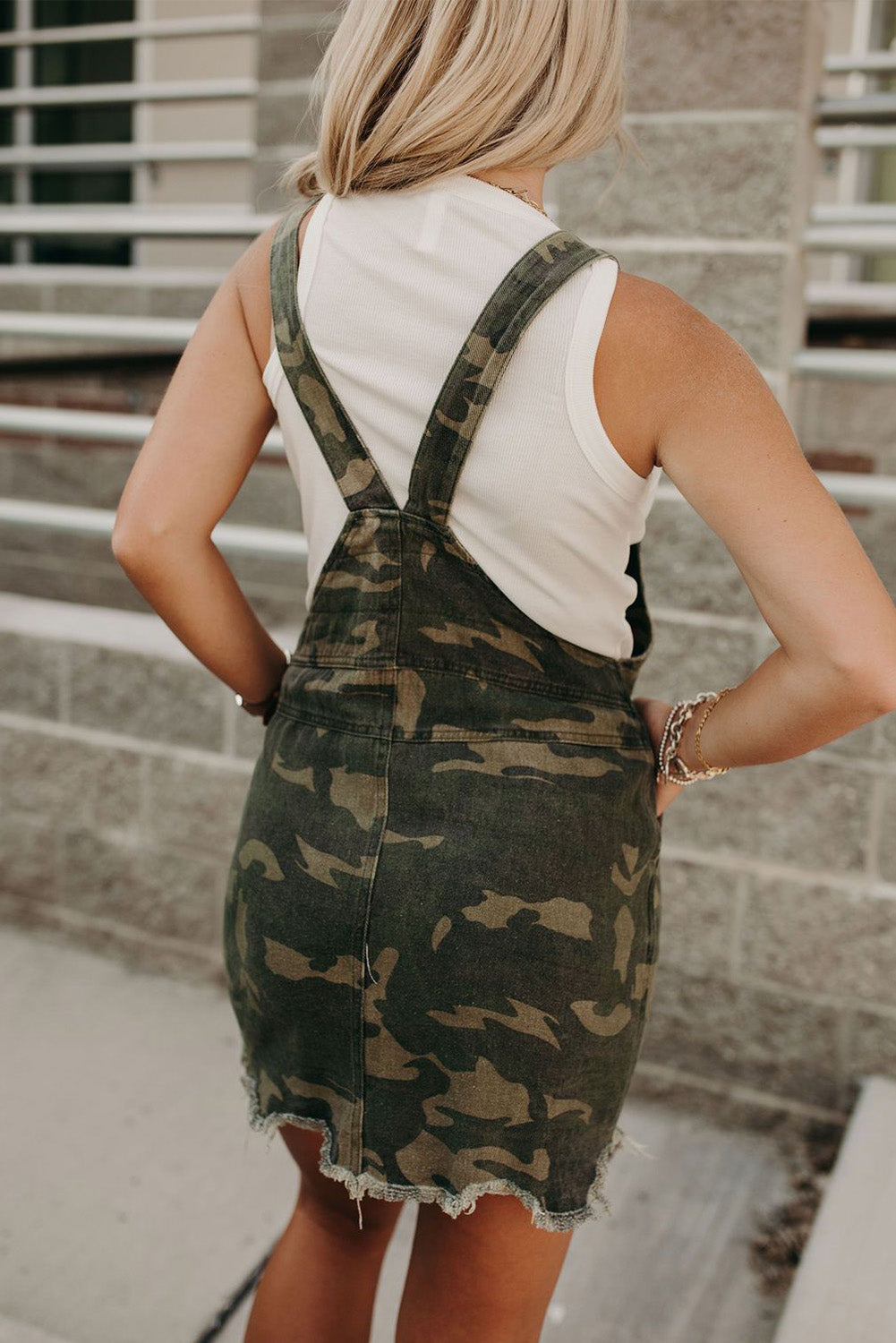 Green Camo Print Raw Hem Overalls Mini Dress