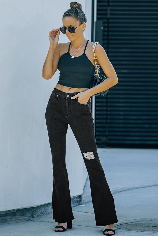 Black Ripped Slit Legs Flare Jeans