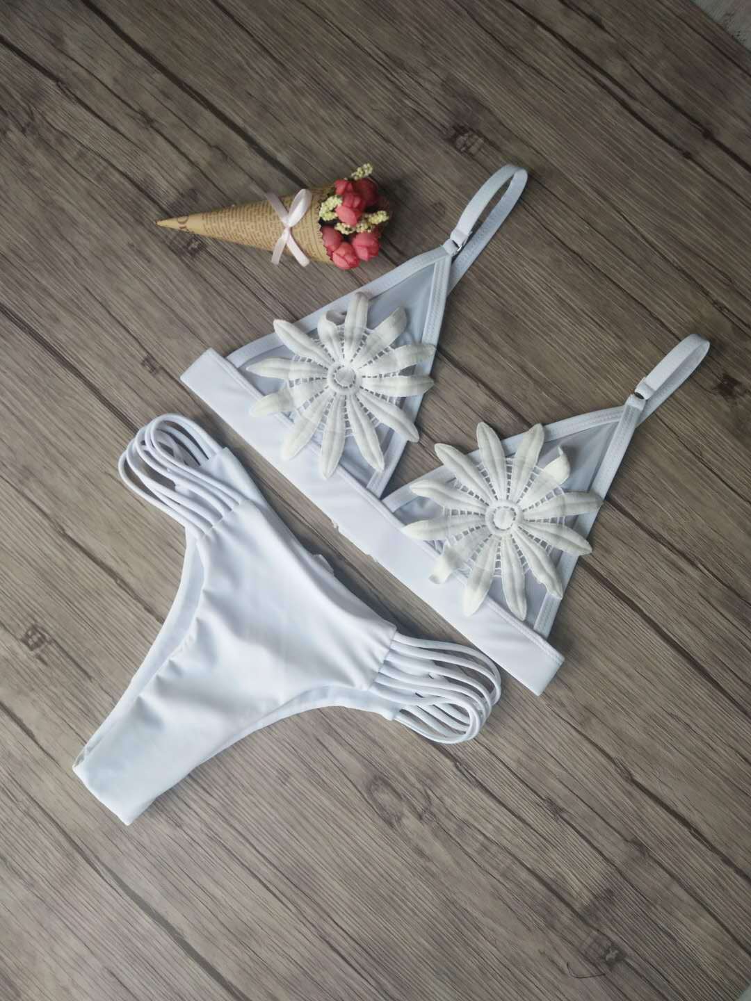 Women Sexy Mesh Solid Color Flower Embroidery Bikini Thong Swimwear