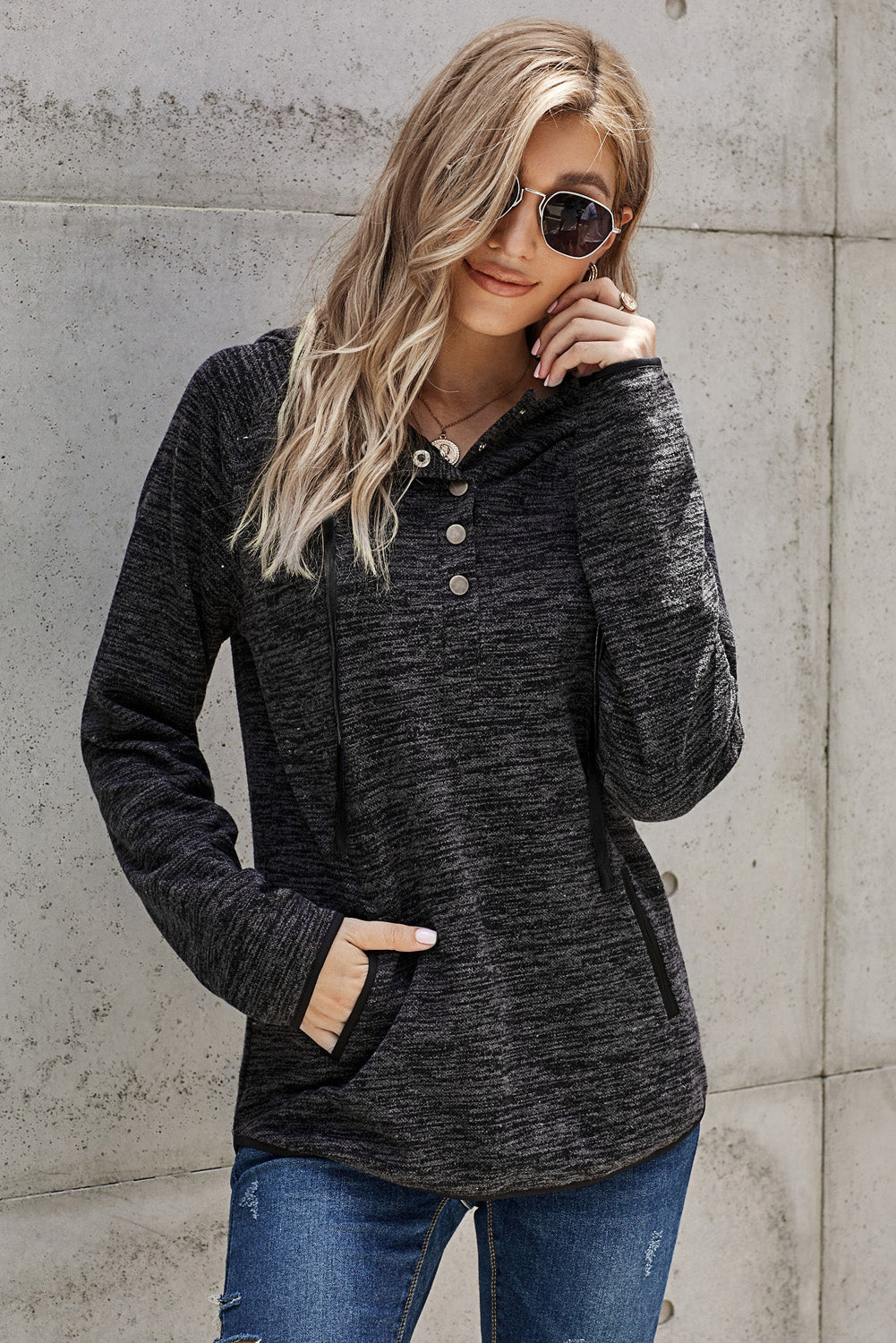 Black Buttoned Neck Hooded Sweatshirt