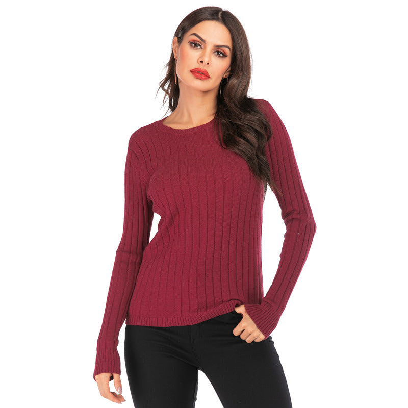 Knitted Pullover Bottoming Shirt Pure Color Tight Stretch Sweater Long-sleeved Women Blouse