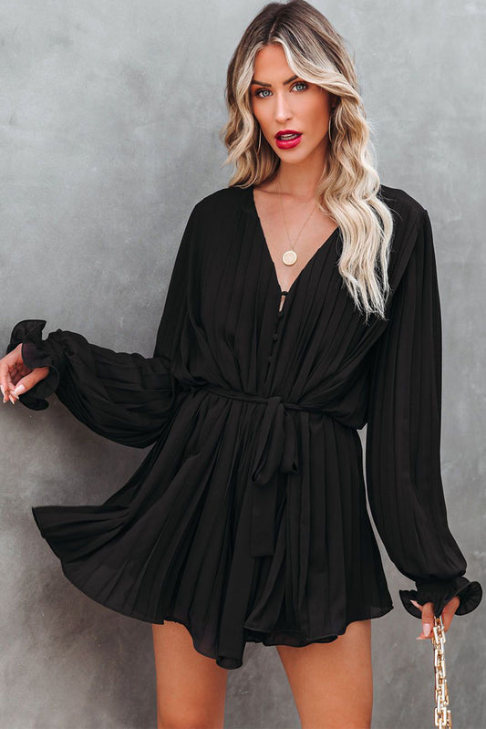 Black Pleated Ruffled Tie Waist Buttons V Neck Romper