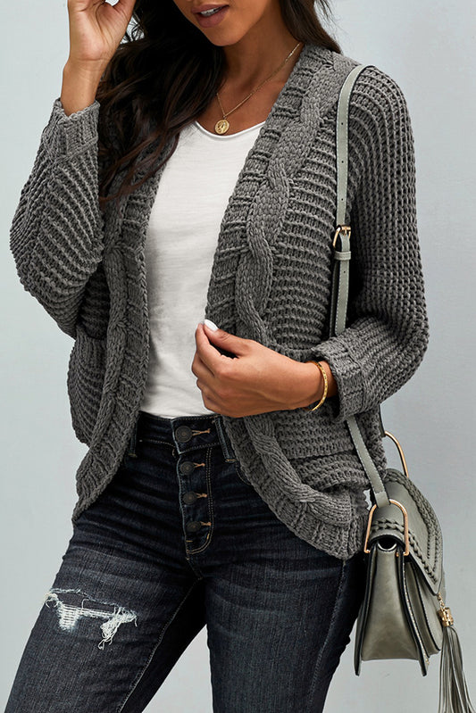 Gray Chunky Knit Solid Cardigan with Pocket