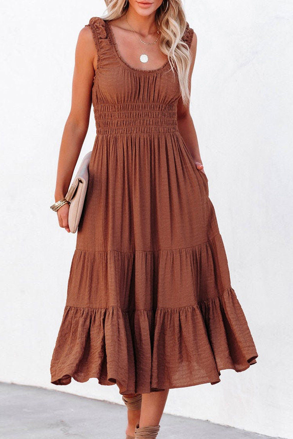 Brown Smocked Ruched Sleeveless High Waist Midi Dress