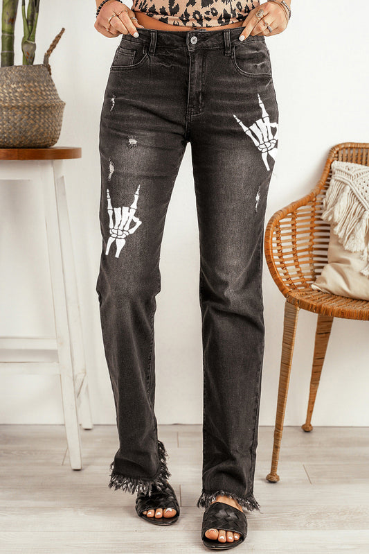 Black Skeleton Print Raw Hem High Waist Jeans