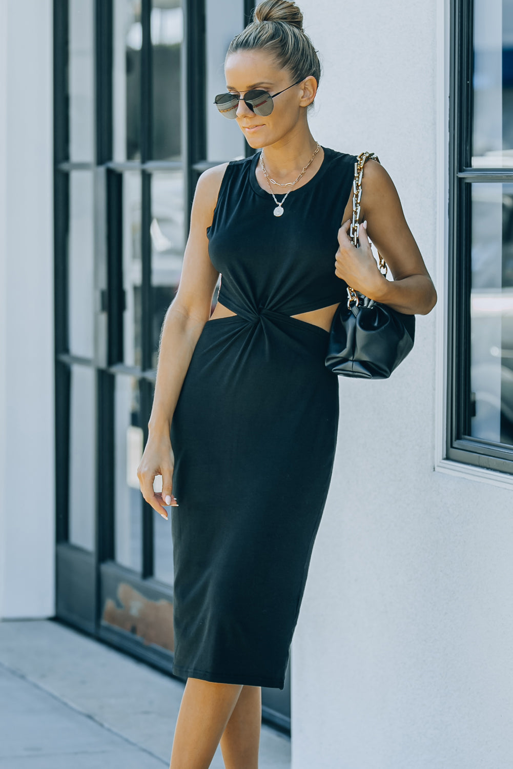 Black Twist Front Cutout Tank Midi Dress