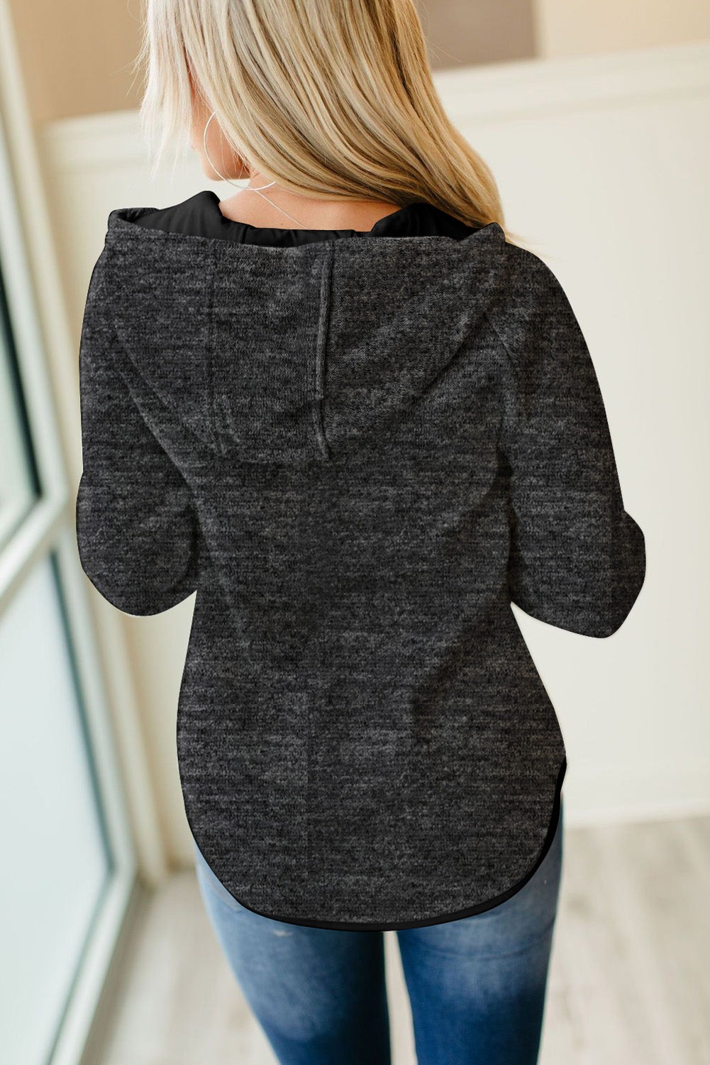 Black Buttoned Neck Hooded Sweatshirt