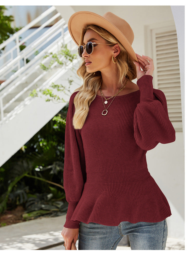 Ladies Lantern Sleeves Knitted Tops Autumn Women Knit Pullover Sweaters