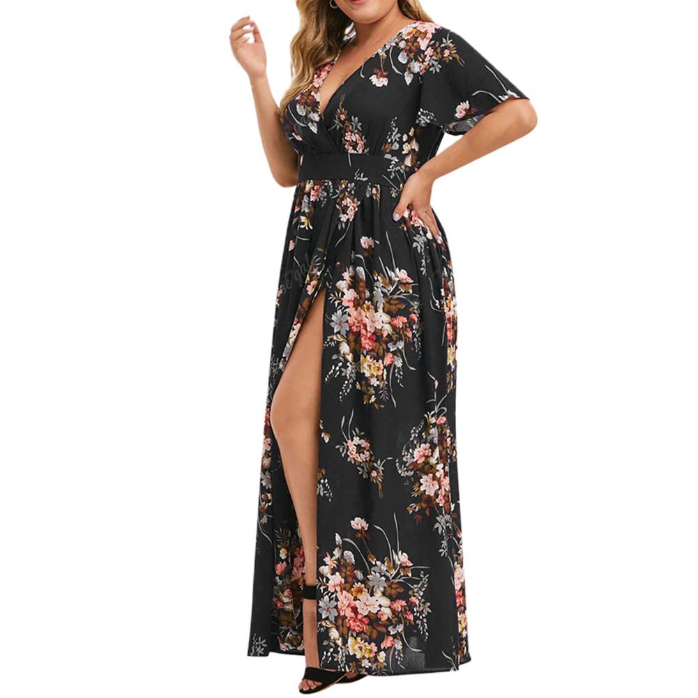 Short Sleeve Maxi Dress Flower Print Long Dress Beachwear