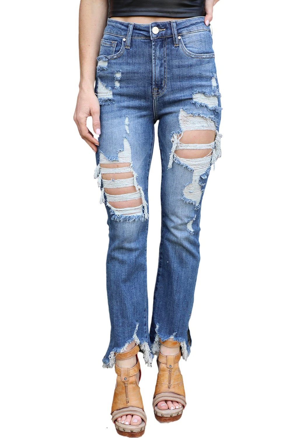 Sky Blue Distressed Holes Hollow-out Raw Hem Jeans