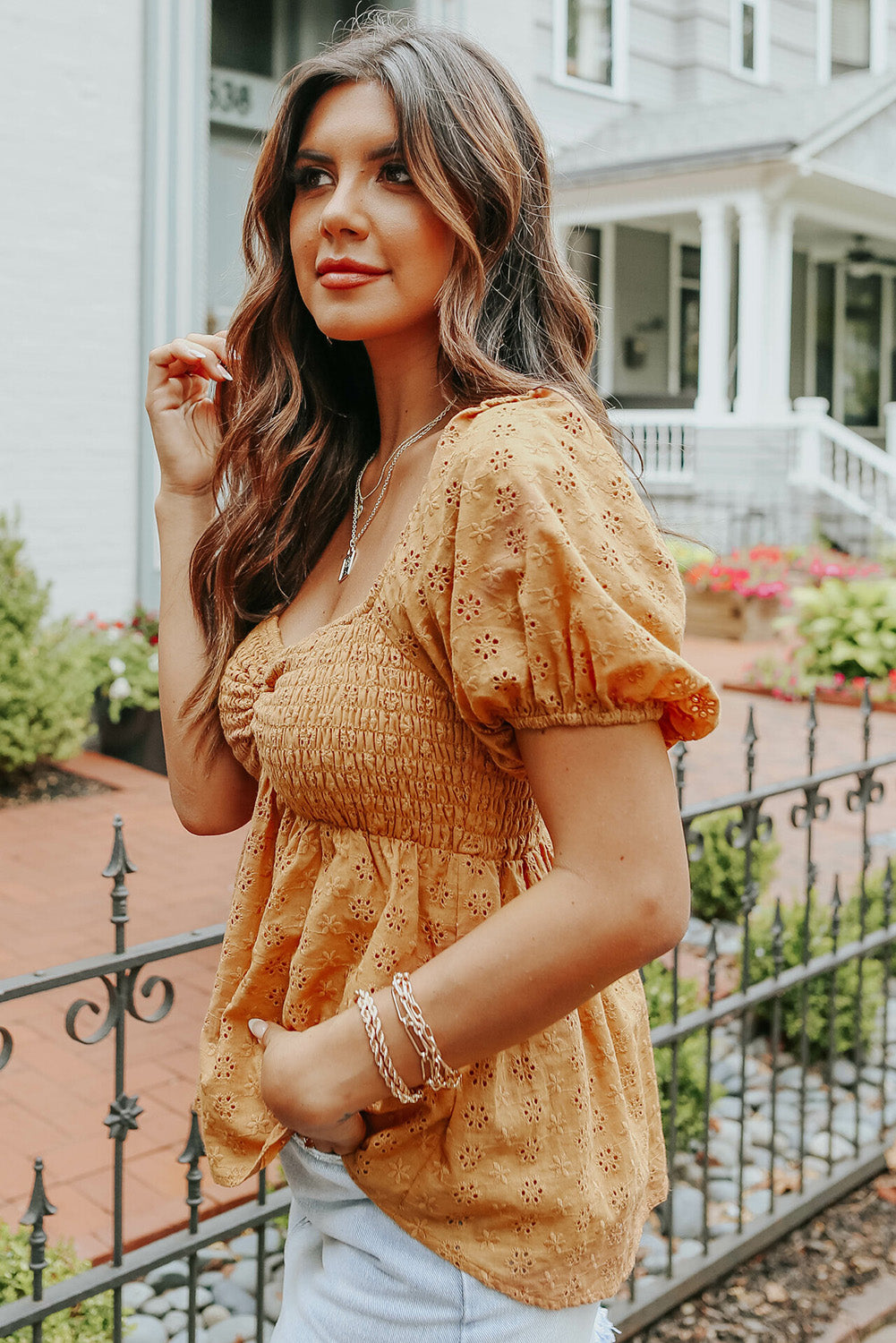 Orange Eyelet Smocked Babydoll Puff Sleeve Top