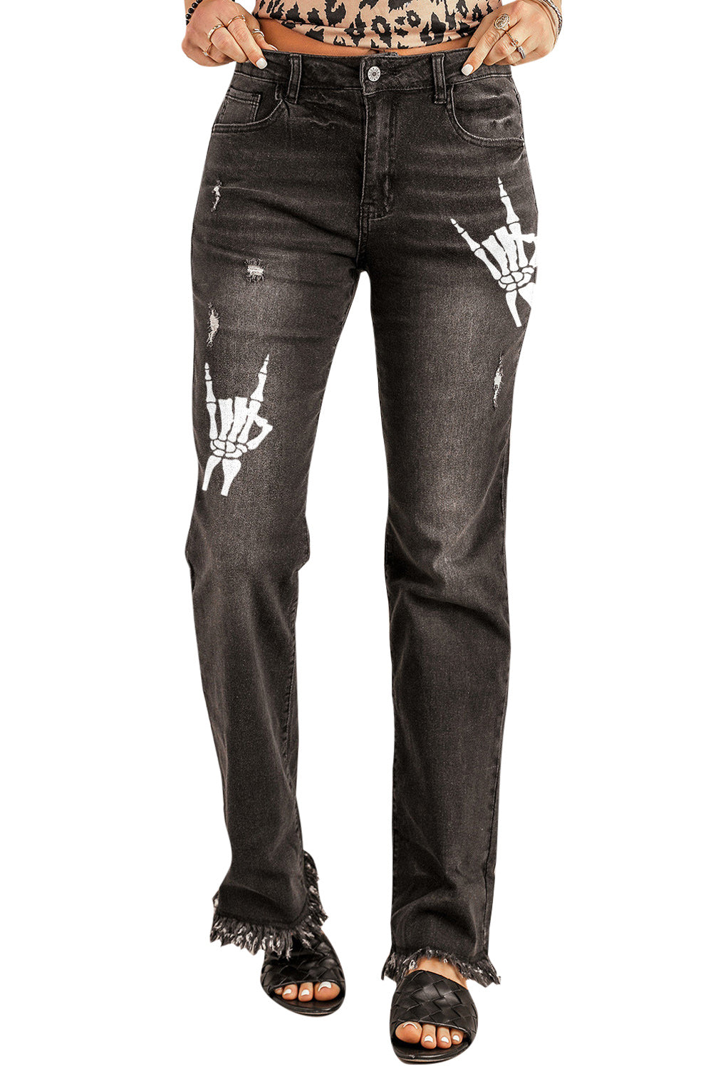 Black Skeleton Print Raw Hem High Waist Jeans