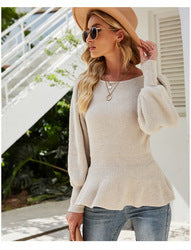 Ladies Lantern Sleeves Knitted Tops Autumn Women Knit Pullover Sweaters