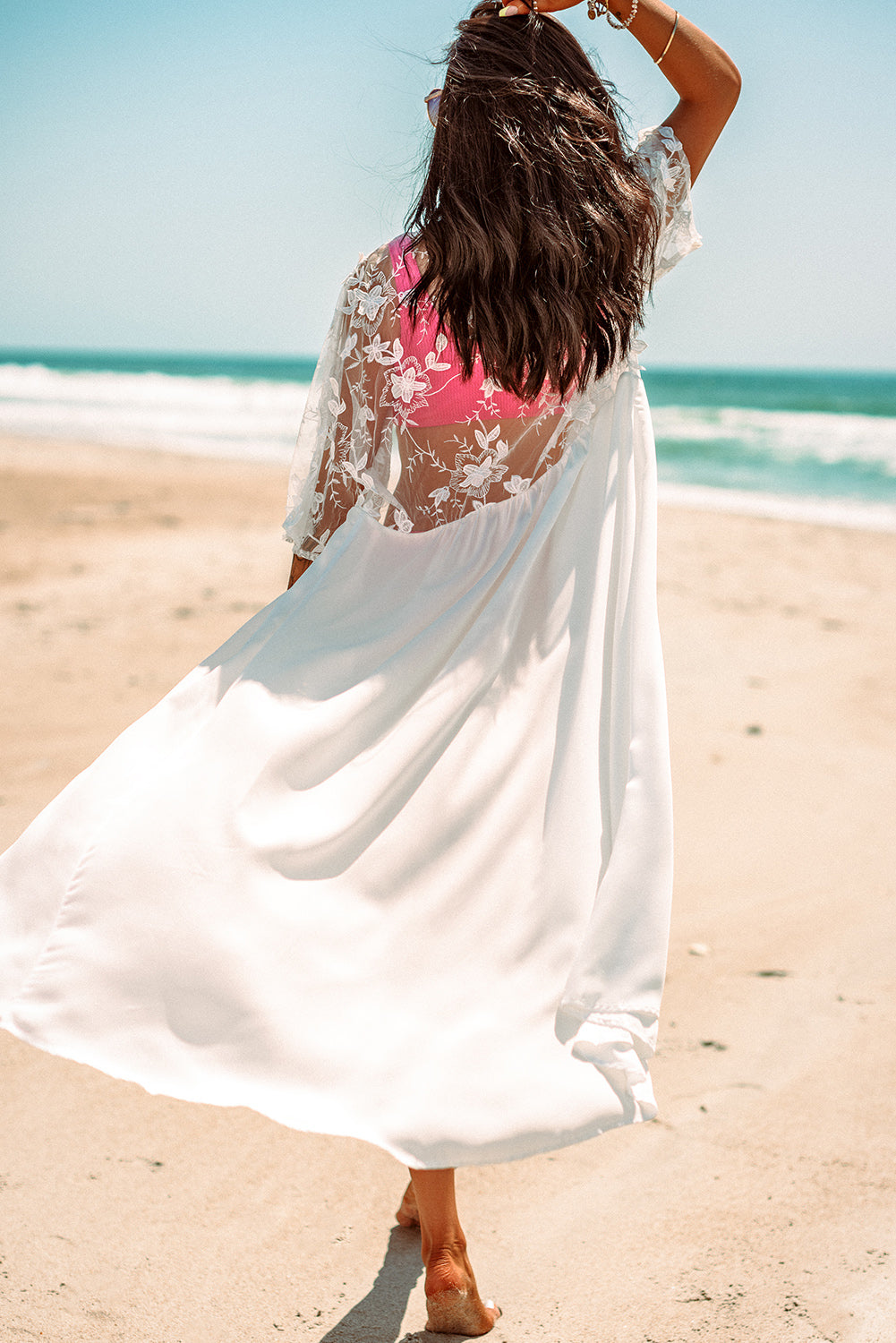 White Floral Mesh Lace Crochet Open Front Kimono