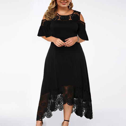 Women Sexy Ruffle Strapless Splicing Lace Short Sleeve Dress