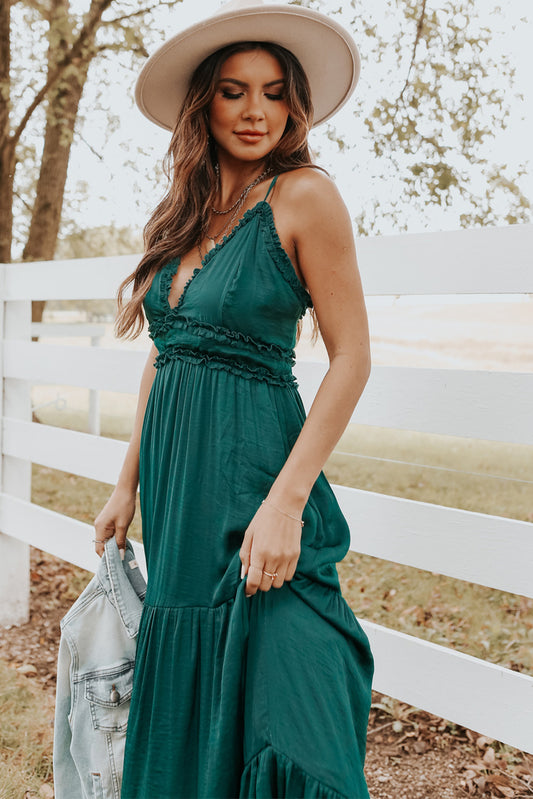 Green Cross Back Frilled Sleeveless Tiered Maxi Dress