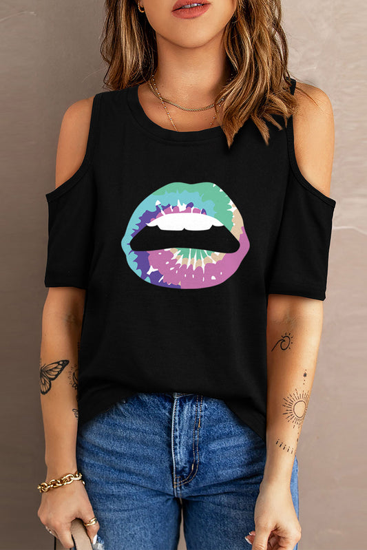 Black Tie Dye Lip Shape Print Cold Shoulder Graphic Tee