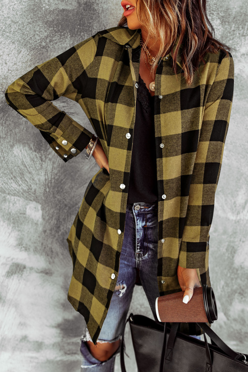 Yellow Turn-down Collar Plaid Shirt Coat