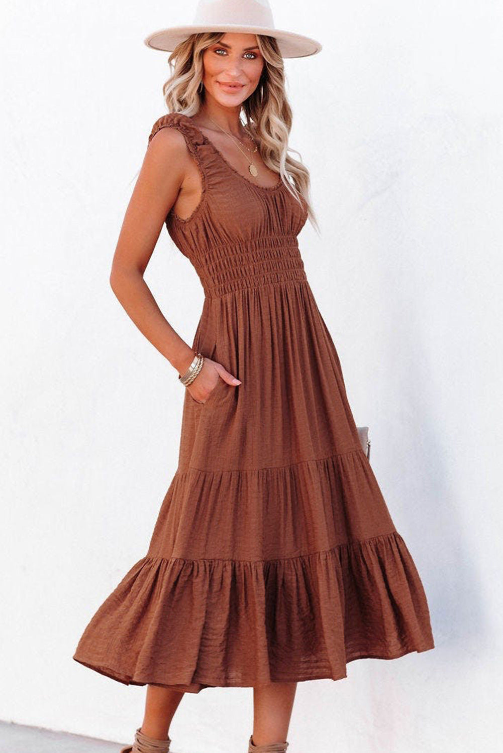 Brown Smocked Ruched Sleeveless High Waist Midi Dress