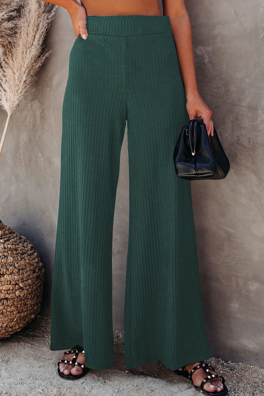 Green Ribbed Knit High Rise Wide Leg Pants